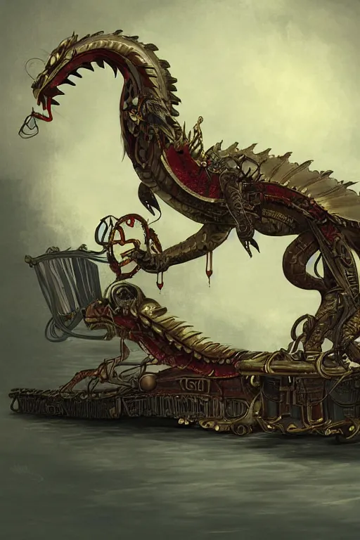 Image similar to illustration, live dragon, old sick gold and crimsoned scaled asian style dragon on a victorian plank of machinery with wires and gears and steam punk apparatus, matte painting, style of studio ghibli, concept art, featured in artstation and artgerm and pixiv, award winning, cinematic, 8 k