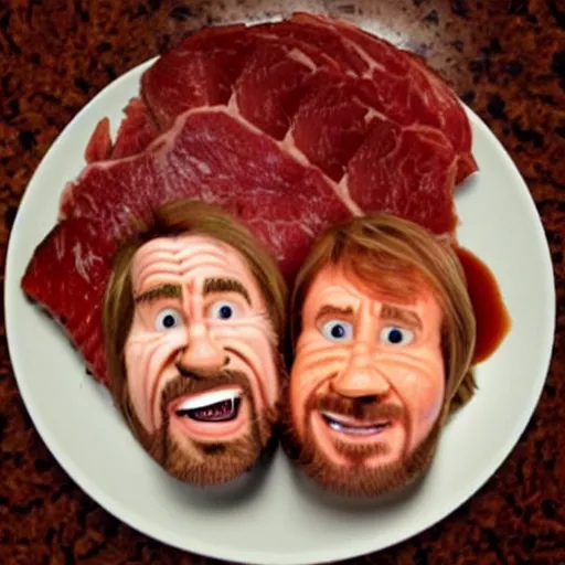 Prompt: chuck roast norris, chuck norris face made of meat