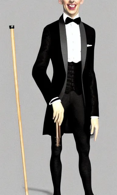 Image similar to ultra realistic photorealistic sepia portrait of a 1 9 2 0 s era smiling, magician, a tall, thin man, well dressed, slicked - back black hair, long - tailed tuxedo coat, black bow tie, walking stick and top hat, trending on artstation, illustration, digital painting, highly detailed render