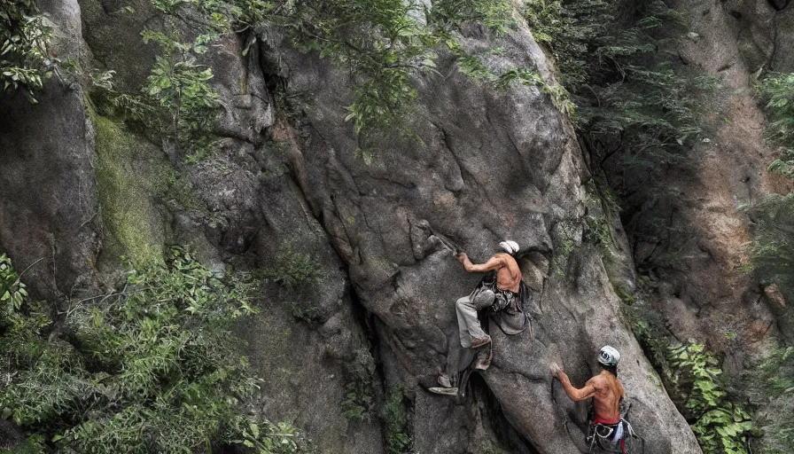 Image similar to rock climbers climbing a rock, in the forest, plants environment, wide angle, cinematic lighting, atmospheric, realistic, octane render, highly detailed, color graded, in the style of craig mullins