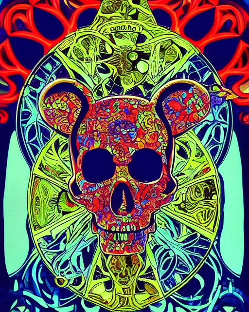 Prompt: mickey mouse skull carving art, background are varities of superhot chili peppers, cell shading, voronoi, fibonacci sequence, sacred geometry by Alphonse Mucha, hiroshi yoshida, Art Nouveau, colorful, ultradetailed, vivid colour, 3d