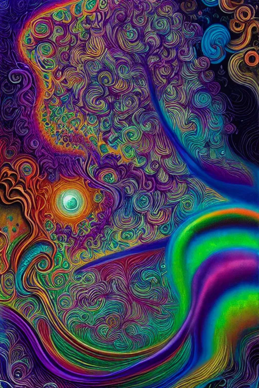 Image similar to abstract colorful liquid smoke and clouds morphing into detailed faces, dmt, psilocybin, lsd, intricate, elegant, highly detailed, digital painting, artstation, smooth, sharp focus, illustration, art by alex grey, hana yata, beeple, josephine wall, octane render, unreal engine, 8 k