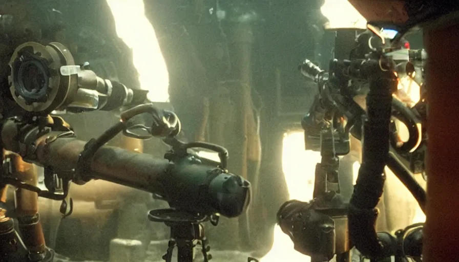Image similar to Big budget horror movie, in an undersea lab, a squid fires a minigun at a cyborg