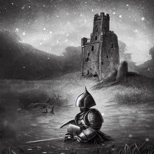 Prompt: a knight in full plate armor, sitting on his knees in a small pond, with a crumbling tower in the background, and stars in the night sky. Monochromatic, dreamlike