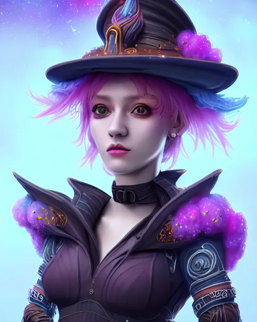 Image similar to ultradetailed rpg character portrait of a cute nebulapunk witch, digital art,, intricate, sharp focus, trending on artstation hq, deviantart, volumetric lighting, unreal engine, octane render