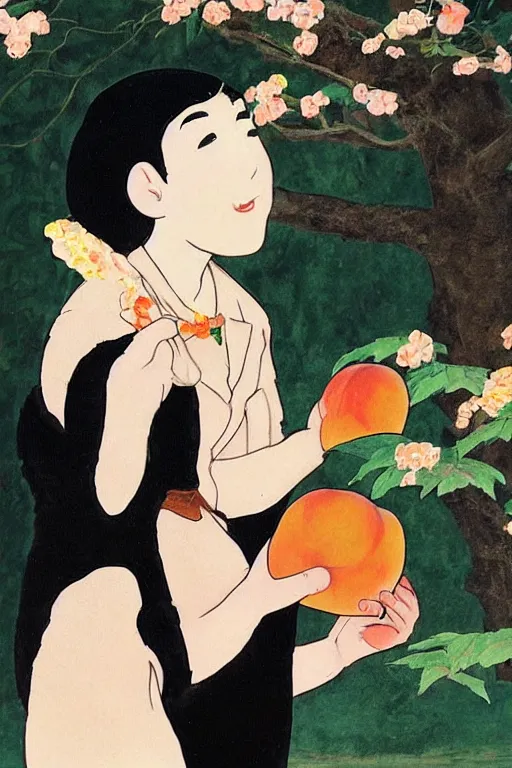 Image similar to a young smiling girl gives a peach to a really large anthropomorphic asian black bear, in the style of foujita tsuguharu