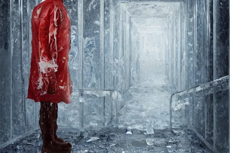 Image similar to palette knife oil painting of a patient at a mental asylum who is frozen with ice, standing in a frozen corridor, extreme detail, artstation trending, artgerm, any racial background, deviant art, octane, substance, art history 8 k