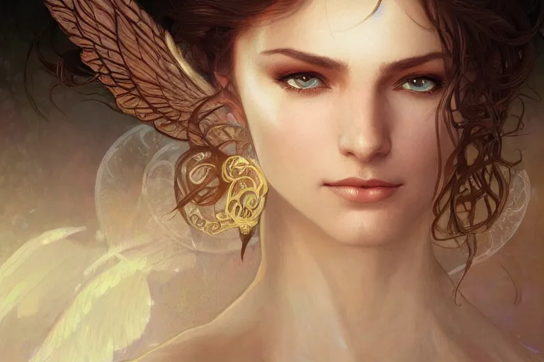 Image similar to portrait of beautiful angel, d & d, face, fantasy, intricate, elegant, highly detailed, digital painting, artstation, concept art, smooth, sharp focus, illustration, art by artgerm and greg rutkowski and alphonse mucha