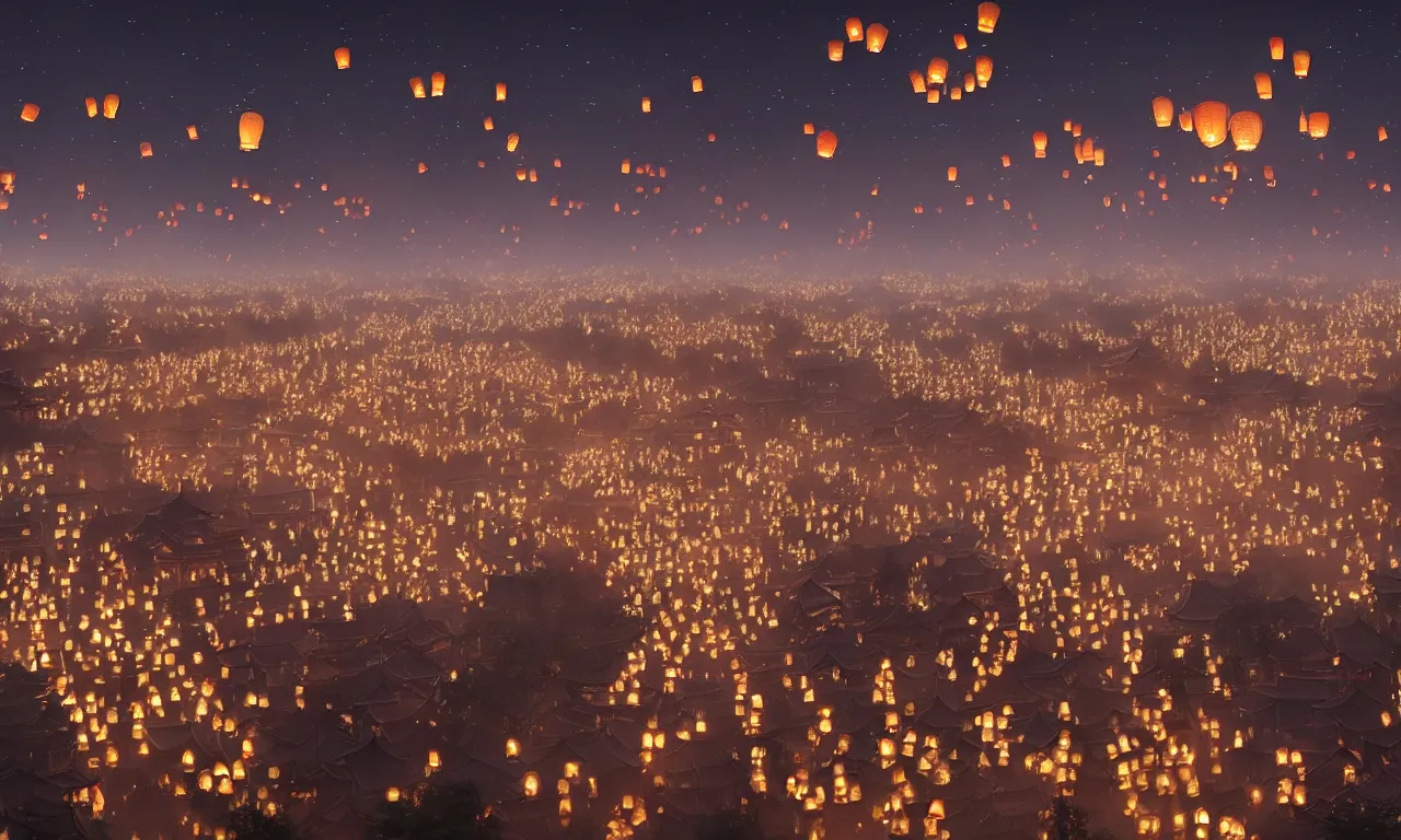 Prompt: A Chinese Tang Dynasty Chang'an City night scene of the original game concept scenes, thousands of Kongming lanterns flying into the sky, ultra-wide angle, magnificent atmosphere, super wide angle, magnificent and gorgeous atmosphere，rtx on，by Jordan Grimmer and Jonas De Ro, trending on cgsociety and artstation, unreal engine，Volumetric light，surreal