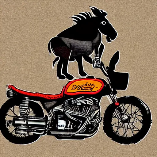 Image similar to a cartoon donkey, riding a harley - davidson motorcycle, orange and black, in the style of ed roth