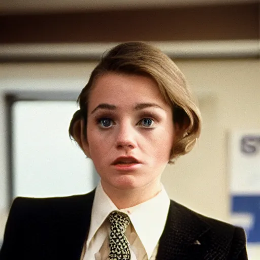 Prompt: actress megan mccarthy wearing a man's suit and tie in a 1 9 8 0 s office, frowning, close - up detailed digital photograph