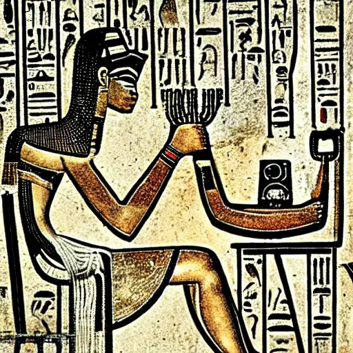 Image similar to ancient egyptian hieroglyphs depicting a person listening to a Walkman CD player