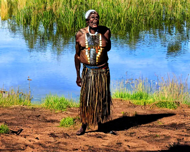 Image similar to wise zulu elder has a sharp line of teeth. my teeth are sharp. there is a lake in the foreground with water reflections.