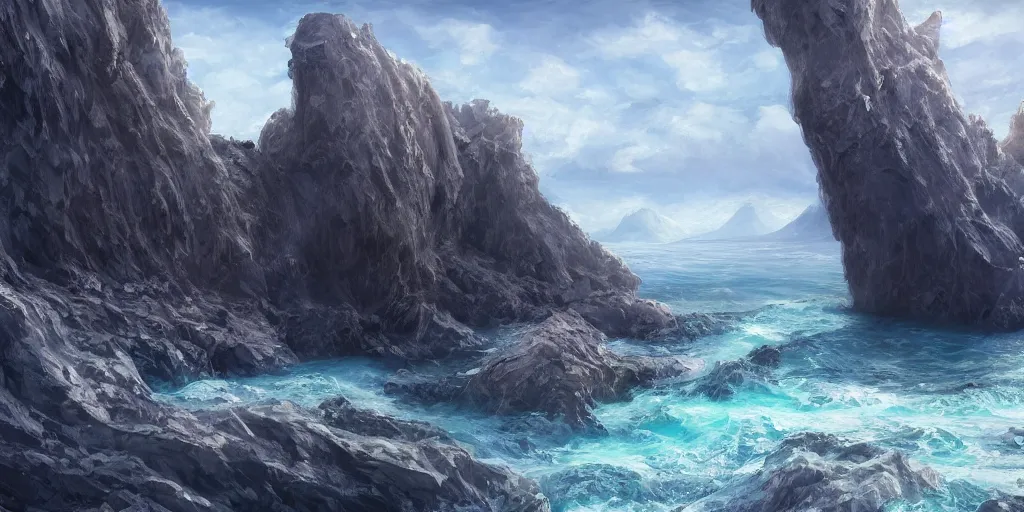 Image similar to sheer rugged crystal smokey coloured quartz cliff, viewed from the ocean, illustration, bright sunlight, sun glints, sunrays, digital art, hyperrealistic, oil painting, fantasy, 8 k, trending on artstation, detailed