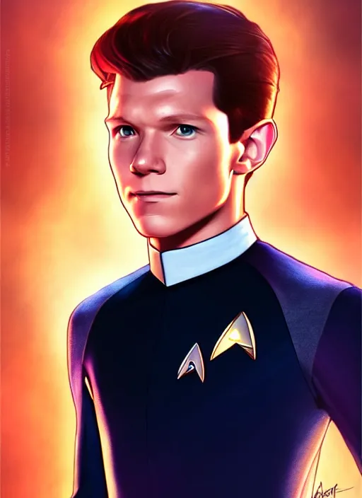 Image similar to cute star trek officer tom holland, natural lighting, path traced, highly detailed, high quality, digital painting, by don bluth and ross tran and studio ghibli and alphonse mucha, artgerm