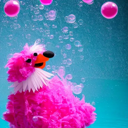 Image similar to hot pink feather boa muppet in bubble bath wit bubbles floating in the air