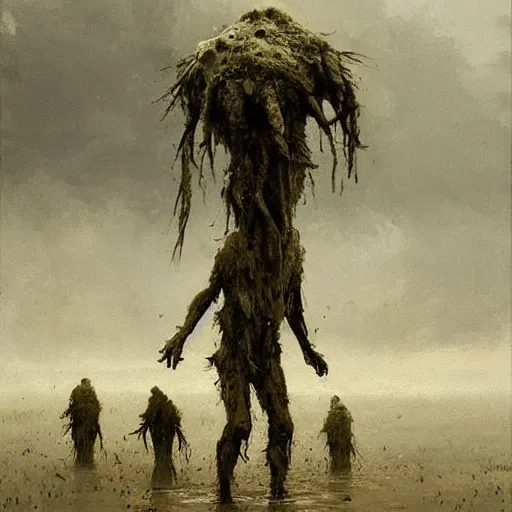 Image similar to painting by jakub rozalski of a muddy rooted humanoid creatures