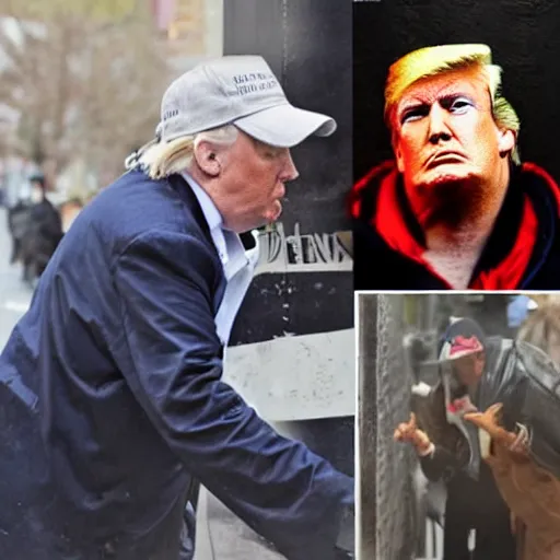 Image similar to donald trump as a homeless man asking for money on the streets, detailed face