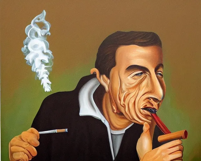 Image similar to a surreal painting of man smoking a joint