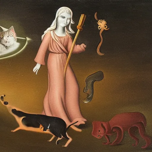 Image similar to an angel leading a crying cat to hell by heironymous bosch