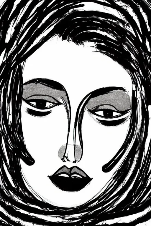 Image similar to ink lineart drawing of a beautiful heavy woman, dark lips, white background, etchings by goya, chinese brush pen, illustration, high contrast, deep black tones contour