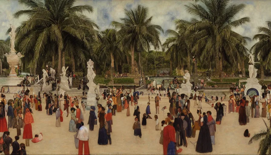 Prompt: a ultradetailed beautiful painting of hundreds of people around an old fountain in the amazonas palace balustrade designed by jules bastien - lepage, tarsila do amaral, frank weston and gustave baumann, beach, trending on artstation, mediterranean, palm trees, sharp focus, soft light, 8 k 4 k