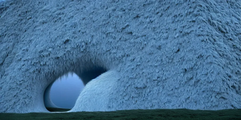 Image similar to a strange huge translucent pvc inflated organic architecture building with blue fluffy fur inside by anish kapoor sits in the rock mountains, film still from the movie directed by denis villeneuve with art direction by zdzisław beksinski, close up, telephoto lens, shallow depth of field