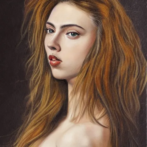 Prompt: a finished, detailed side view portrait painting of a very young italian woman resembling scarlett johansson and ana de armas, by sandro boticelli