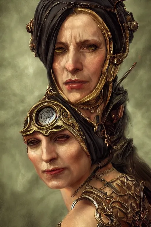 Prompt: portrait, headshot, digital painting, of a 17th century, beautiful, middle aged, middle eastern, wrinkles, wicked, cyborg merchant woman, dark hair, amber jewels, baroque, ornate dark green clothing, scifi, futuristic, realistic, hyperdetailed, concept art, art by waterhouse