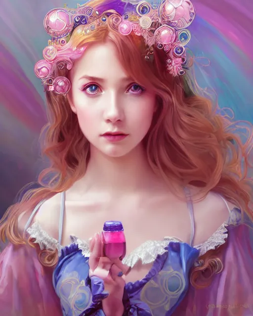 Image similar to portrait of magical lolita girl, dreamy and ethereal, expressive pose, big blue eyes, exciting expression, fantasy, intricate, elegant, many rainbow bubbles, rose tones, highly detailed, digital painting, artstation, concept art, cyberpunk wearing, smooth, sharp focus, illustration, art by artgerm and greg rutkowskiand alphonse mucha