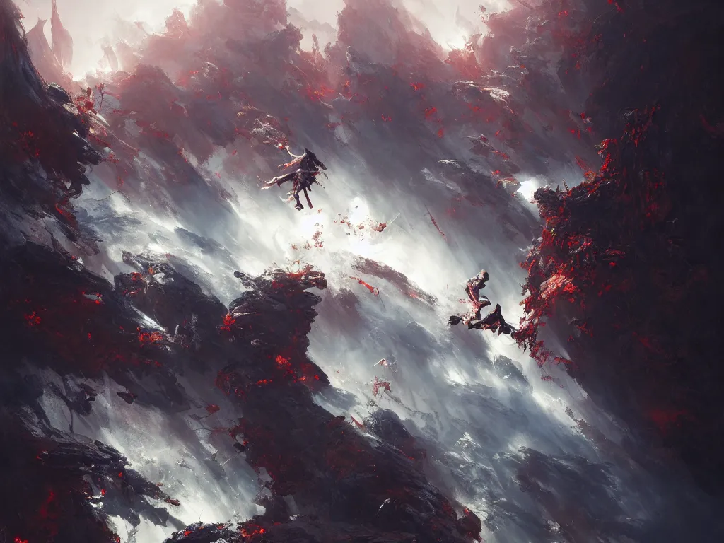 Prompt: a heavenly ninja warrior, hellish landscape, flowing backlit hair, painting by geg ruthowski, alphonse murac, craig mullins, ruan jia, wlop, yoji shinkawa, collaborative artwork, exquisitely high quality and detailed