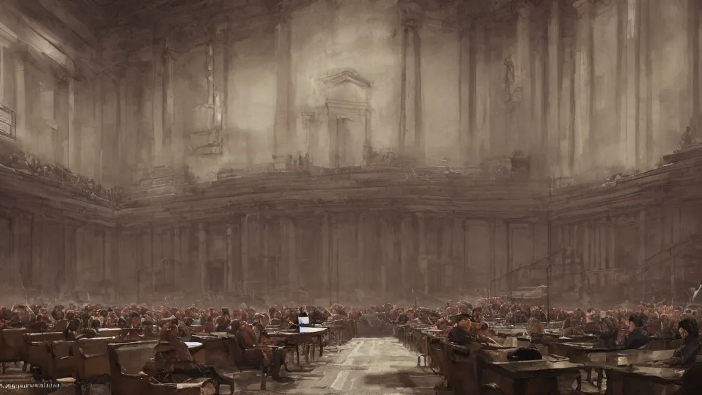 Image similar to interior of roman senate in session, watercolored, jakub rozalski, dark colours, dieselpunk, artstation