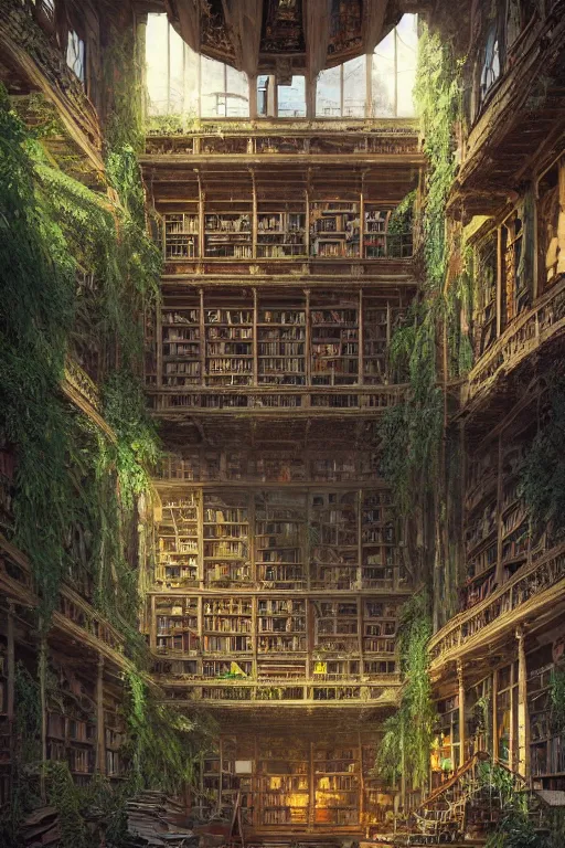 Prompt: decaying interior of an ( ( old library ) ) with a rainforest growing inside, fireflies in the air, highly detailed, intricate detail, realistic shaded lighting, beautiful 3 d rendering, octane render, hyperrealistic, trending on artstation, by greg rutkowski and simon stalenhag
