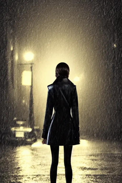 Prompt: highly detailed close-up of a beautiful girl with a very stylish trenchcoat on an empty street at night by Ilya Kuvshinov, black medium length Dutch bob cut hair with straight bangs, heavy rain and mist, streetlights, rich cinematic atmosphere, poster, film noir, krenz cushart, depth of field, digital art