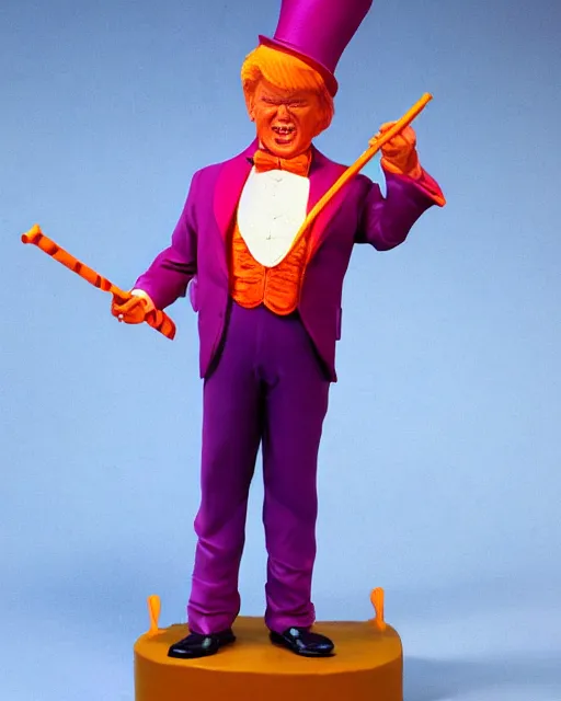 Image similar to wide angle photo of a maquette sculpture of donald trump as willy wonka, he is wearing a victorian era purple jacket and pants, and a velvet purple top hat over his long orange hair. he is holding a candy cane colored cane. his skin is an orange color like an oompa loompa. in the style of sideshow collectibles, highly detailed sculpture