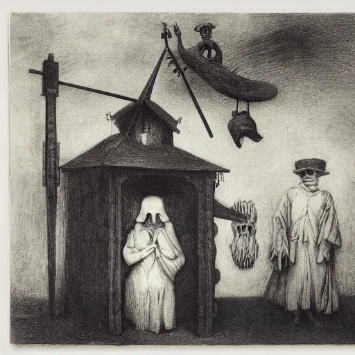 Image similar to collodion photography, plague doctors in the mist with weird rube goldberg machines, minimalist, joel peter witkin, heironymus bosch, gustave dore, beksinski, giger'