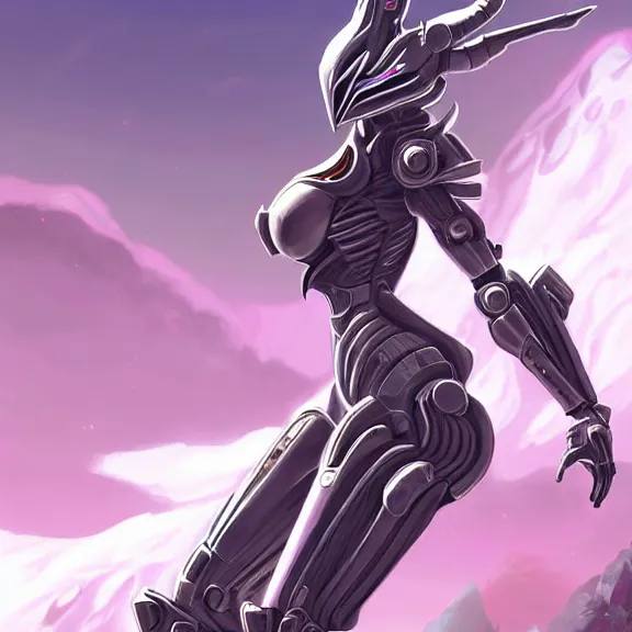 Image similar to extremely detailed giantess shot, close front shot, of a goddess that's a giant beautiful stunning anthropomorphic robot female dragon, standing majestically on a mountain, elegant pose, robot dragon claws, streamlined pink armor, detailed sharp metal claws, thick warframe thighs, long elegant tail, detailed warframe fanart, destiny fanart, high quality digital art, giantess art, furry art, warframe art, Destiny art, furaffinity, DeviantArt, artstation, 8k HD, octane render