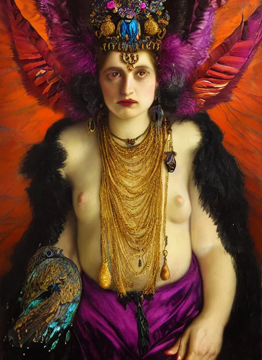 Prompt: highly detailed oil painting | very intricate | cinematic lighting | black, magenta and turquoise color scheme, dark background | the queen of heaven by jake hicks, dressed in feathers | by roberto ferri, by gustav moreau, by singer sargent and klimt, american romanticism, occult art | by austin osman spare, artstation, cgsociety, official art, octane