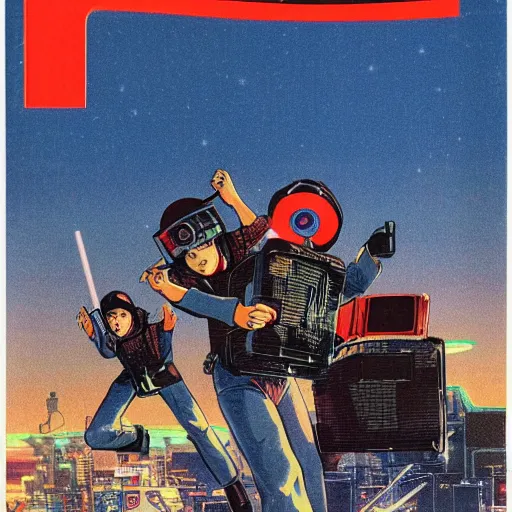 Image similar to 1979 OMNI Magazine, Anime Neo-tokyo bank robbers fleeing the police with bags of money, Highly Detailed, 8k :4 by Vincent Di Fate : 8