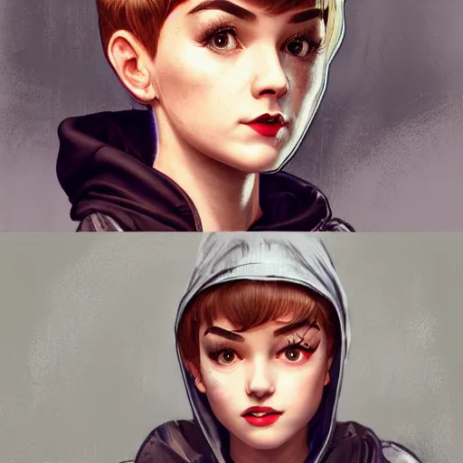 Prompt: character portrait of a 1950s girl in a hoodie with a pixie cut, dystopian cyberpunk steampunk soviet mood, intricate, wild, highly detailed, digital painting, artstation, upper body, concept art, smooth, sharp focus, illustration, art by artgerm and greg rutkowski and alphonse mucha