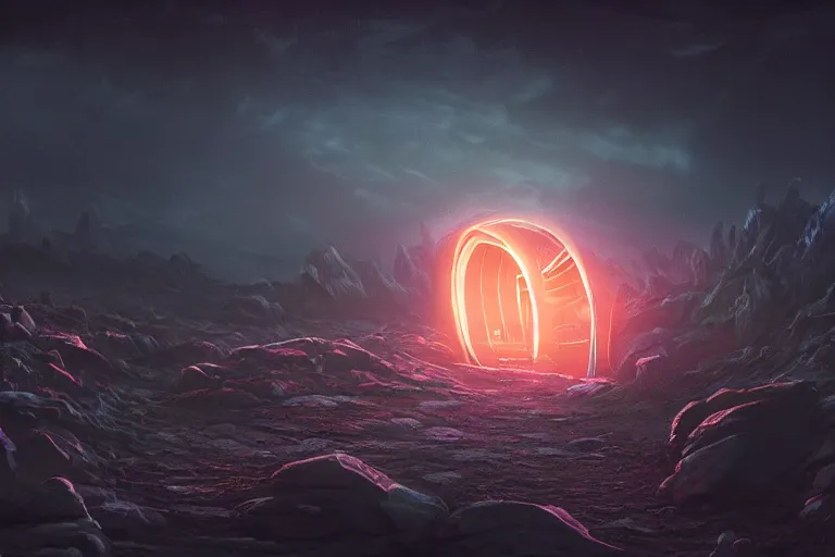 Prompt: a single distant fleshy glowing portal opens up in an otherwise dark and desolate landscape : retro, sci - fi, surrealism, vaporwave, concept art, 4 k, ultra hd, very detailed, digital art