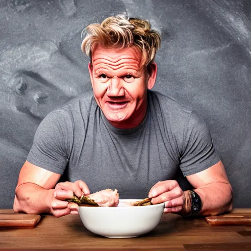 Prompt: Gordon Ramsay eating raw chicken