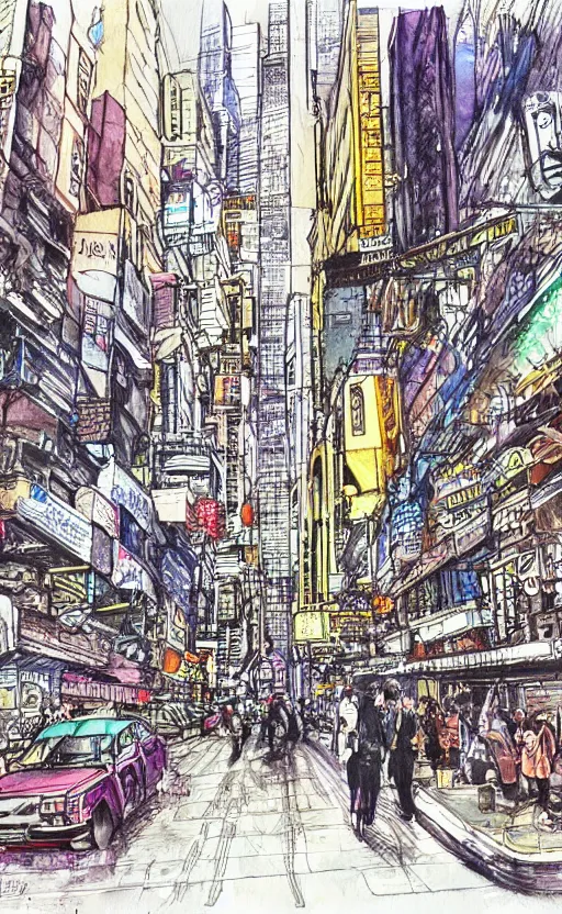 Image similar to A busy cyberpunk street, magical, watercolor-calligraphy-pen drawing