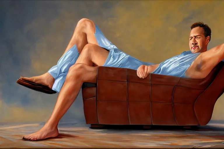 Image similar to a airbrush painting of a caucasian man relaxing on a brown reclined leather chair