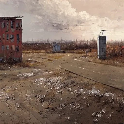 Image similar to painting of a abandoned post soviet town by jakub rozalski