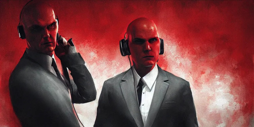 Image similar to a portrait of agent 4 7 from hitman wearing headphones listening to music, dark background, red rim light, smooth, sharp focus, art by ali kiani amin