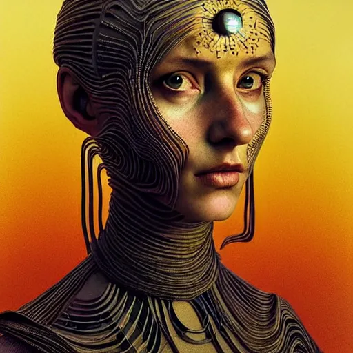 Image similar to Colour Caravaggio and Dune by denis villeneuve style Photography of Highly detailed beautiful Woman with 1000 years detailed face and wearing detailed Ukrainian folk costume designed by Taras Shevchenko also wearing highly detailed retrofuturistic sci-fi Neural interface designed by Josan Gonzalez. Many details In style of Josan Gonzalez and Mike Winkelmann and andgreg rutkowski and alphonse muchaand and Caspar David Friedrich and Stephen Hickman and James Gurney and Hiromasa Ogura. Rendered in Blender and Octane Render volumetric natural light