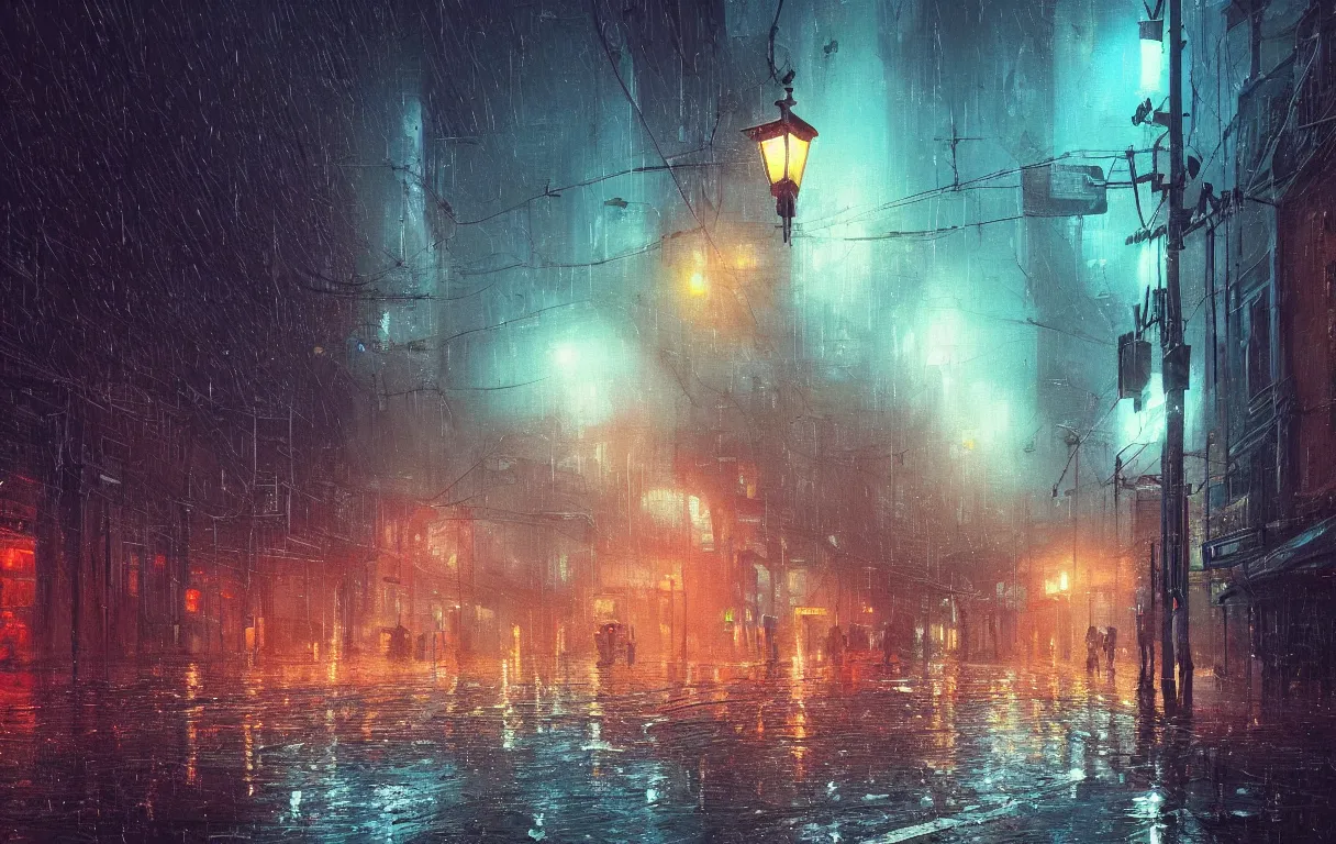 Image similar to A digital painting of a close-up view of a raining cyberpunk street, some street lights and padestrians, by Ismail Inceoglu and Caspar David Friedrich, stunning, photorealistic, highly-detailed, 4k, ue5, light effect, rtx on, realistic, cinematic, IMAX quality, trending on artstation