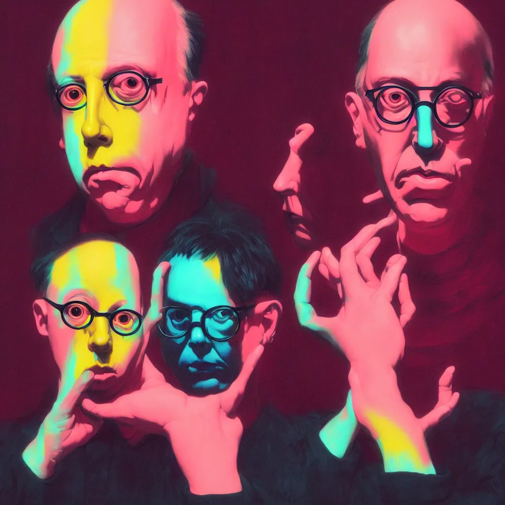 Image similar to weird and disturbing portrait of todd solondz, vivid colors, neon, art by ( ( ( kuvshinov ilya ) ) ) and wayne barlowe and francis bacon and artgerm and wlop and william - adolphe bouguereau