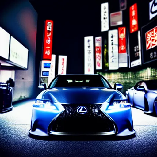 Image similar to a car Lexus VIP at illegal car meet, Shibuya prefecture, midnight mist lights, cinematic color, photorealistic, highly detailed wheels, highly detailed